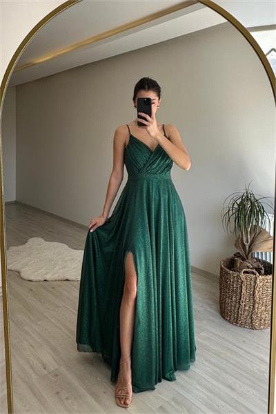 Dipmoda kadın ışıltılı askılı yırtmaç detayı şifon abiye elbise NM002