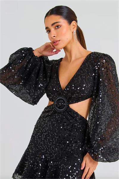 Dipmoda kadın ithal payet kumaş toka detaylı abiye elbise NBEMP2584