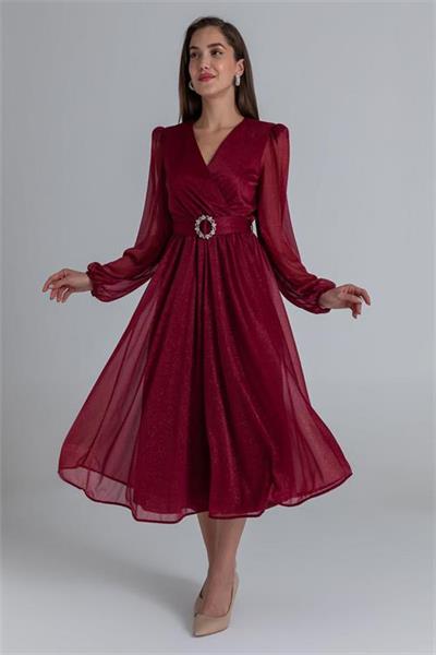 Dipmoda kadın kemerli kruvaze yaka simli gece elbisesi DPNBMY3590