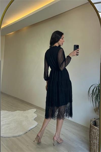 Dipmoda kadın kruvaze yaka dantelli tül elbise NM010