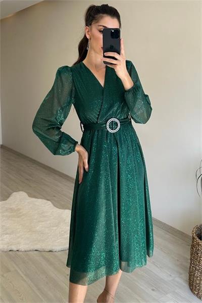 Dipmoda kadın kruvaze yaka tokalı midi boy ışıltılı elbise NM009