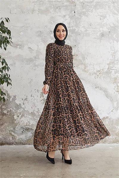 Dipmoda kadın leopar desenli ithal kumaş tesettür şifon elbise SMS028 