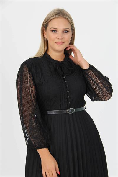 Dipmoda kadın piliseli dantel elbise APCX28 - Siyah 