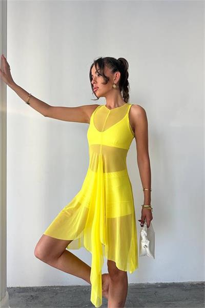 Dipmoda kadın sarı tül pareo üçlü takım DPDF099