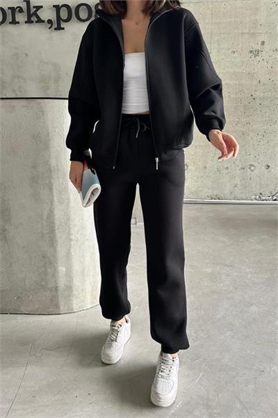 Dipmoda kadın siyah içi polarlı Jennifer eşofman takımı NBG028 