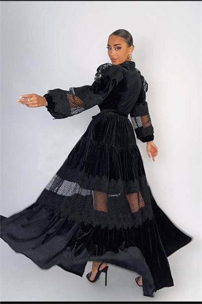 Dipmoda kadın siyah kadife kumaş inci düğmeli abiye elbise NBEMP2290 