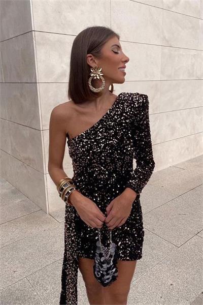 Dipmoda kadın siyah vatkalı tek omuz payet mini elbise DPNBEMP2634