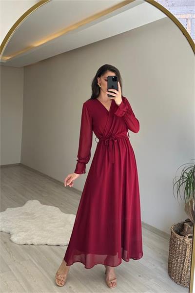 Dipmoda kadın uzun kollu kuşaklı maxi şifon elbise NM001