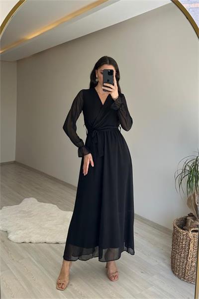 Dipmoda kadın uzun kollu kuşaklı maxi şifon elbise NM001