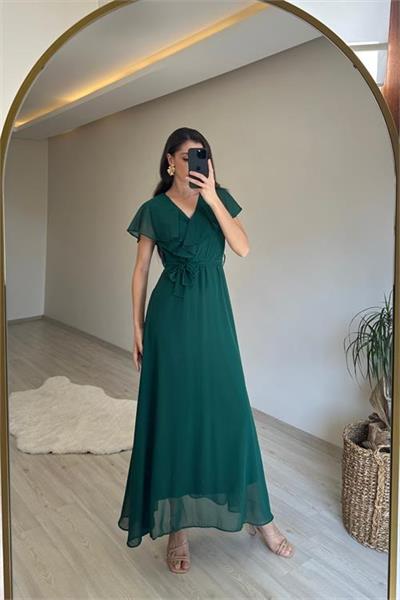 Dipmoda kadın v yaka kuşaklı maxi şifon elbise NM008