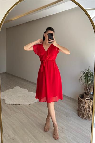 Dipmoda kadın v yaka kuşaklı mini şifon elbise NM007