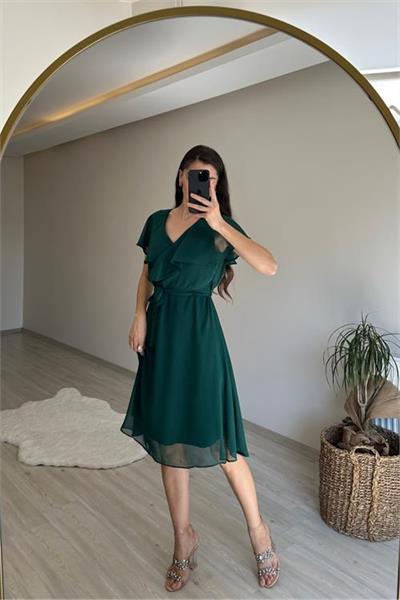 Dipmoda kadın v yaka kuşaklı mini şifon elbise NM007
