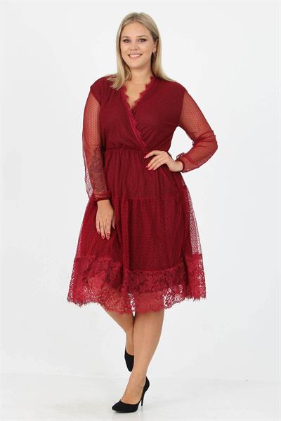 Dipmoda kadın yeni sezon tül detaylı kruvaze yaka büyük beden elbise APCX14 