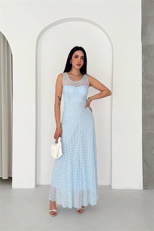 Dipmoda bebe mavi mavi transparan detaylı tam boy astarlı dantel elbise DPK4619