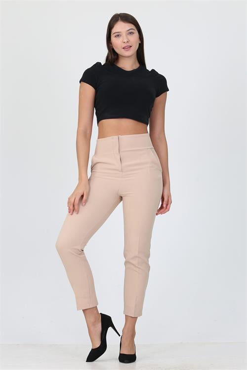 Dipmoda bej yeni sezon yüksek bel likralı kadın kumaş pantolon ELA004 