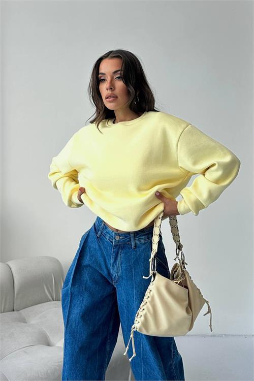 Dipmoda kadın 2 iplik pamuklu sarı sweatshirt DPG103