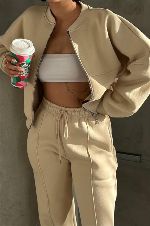 Dipmoda kadın 3 iplik şardonlu cepli premium eşofman takımı DPHS001