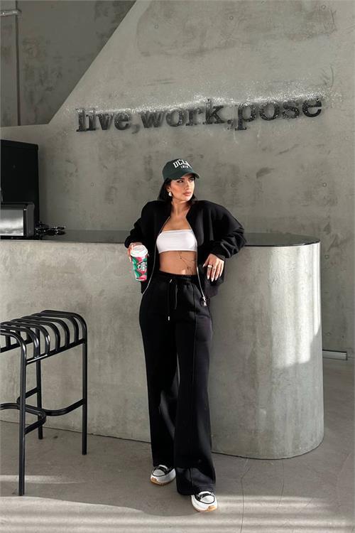 Dipmoda kadın 3 iplik şardonlu cepli premium eşofman takımı DPHS001