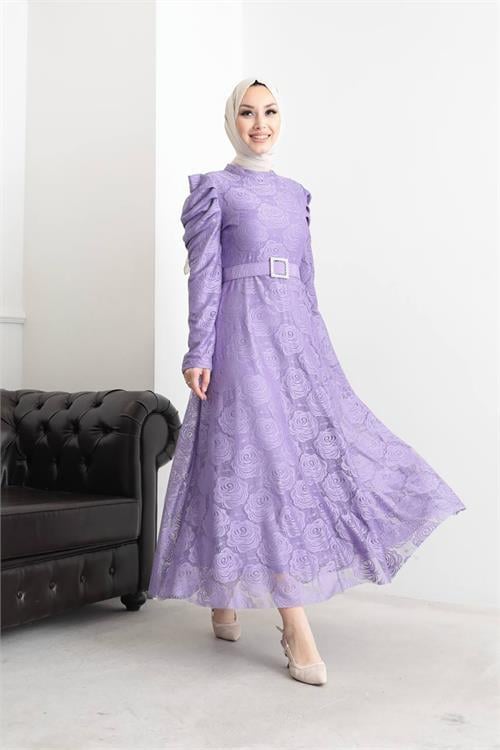 Dipmoda kadın abiye güpür ve omuz detaylı tesettür elbise SMS006 