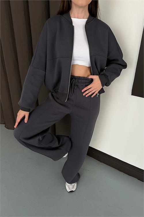 Dipmoda kadın antrasit fermuarlı 3 iplik eşofman takımı DPESF01