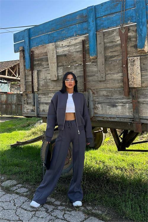 Dipmoda kadın antrasit fermuarlı kışlık eşofman takımı NBG026 