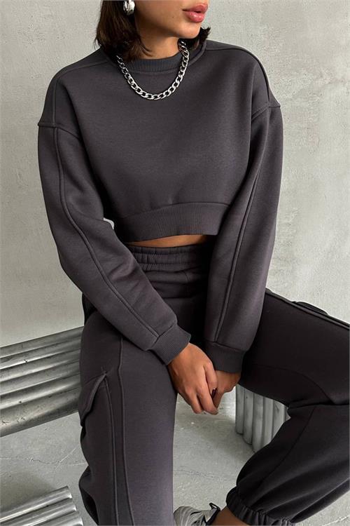 Dipmoda kadın antrasit kargo cepli eşofman takımı NBG041 