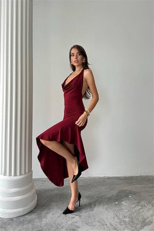 Dipmoda kadın asimetrik kesim omuz aksesuarlı elbise DPDF164