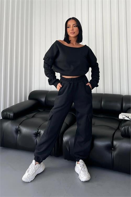 Dipmoda kadın asimetrik yaka kolları büzgülü eşofman takımı DPNDCB11634