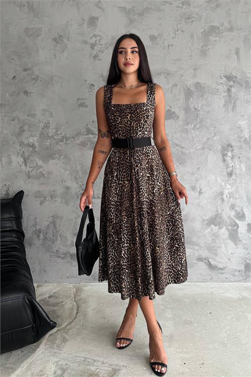 Dipmoda kadın askılı leopar desenli krep elbise NBK003 