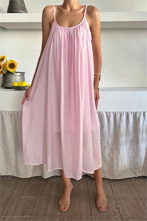 Dipmoda kadın askılı tül kumaş astarlı yazlık elbise DPG097