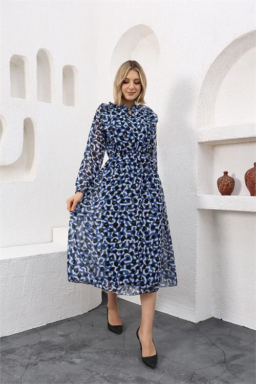 Dipmoda kadın astarlı beli lastikli desenli şifon elbise RSSN47 