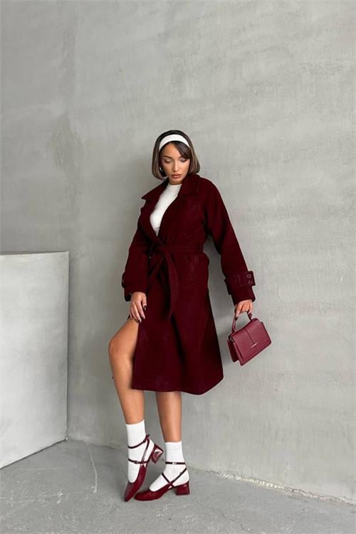 Dipmoda kadın astarlı bordo ithal kaşe kaban DPNBG048