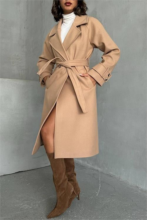 Dipmoda kadın astarlı camel ithal kaşe kaban NBG048