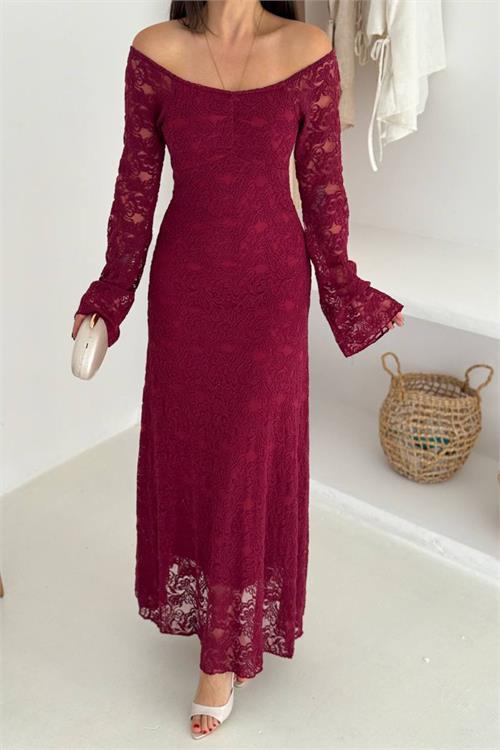 Dipmoda kadın astarlı dantel kumaş maxi elbise DPK4331