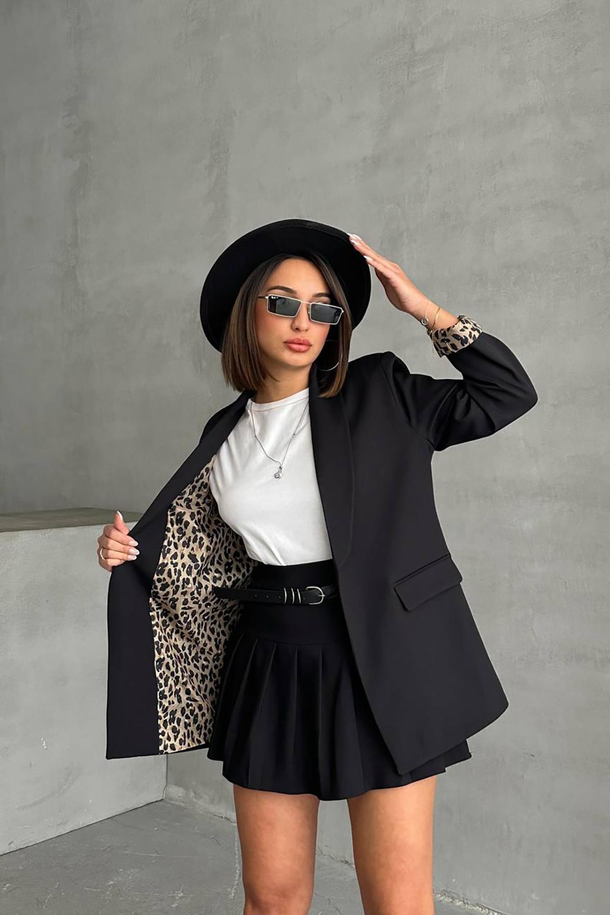 Dipmoda kadın astarlı içi leopar desenli blazer ceket DPG071
