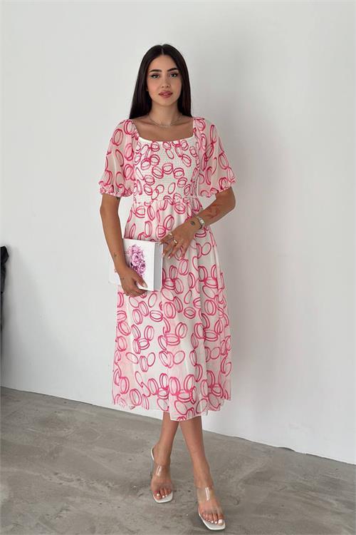 Dipmoda kadın astarlı midi boy desenli şifon elbise NBQ008 