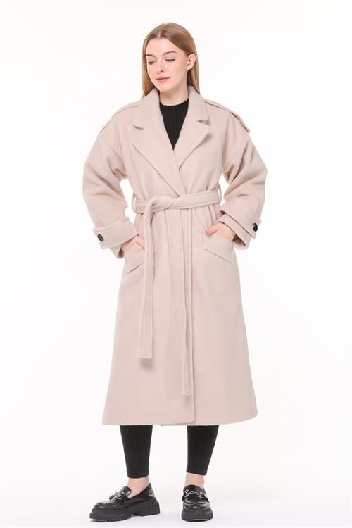 Dipmoda kadın astarlı oversize yün kaşe kaban NBPLTN02 - Bej 