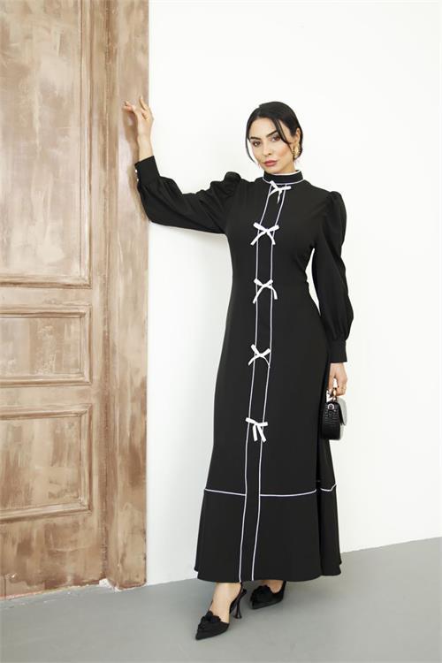 Dipmoda kadın atlas kumaş fiyonk detaylı uzun elbise DPMS2515