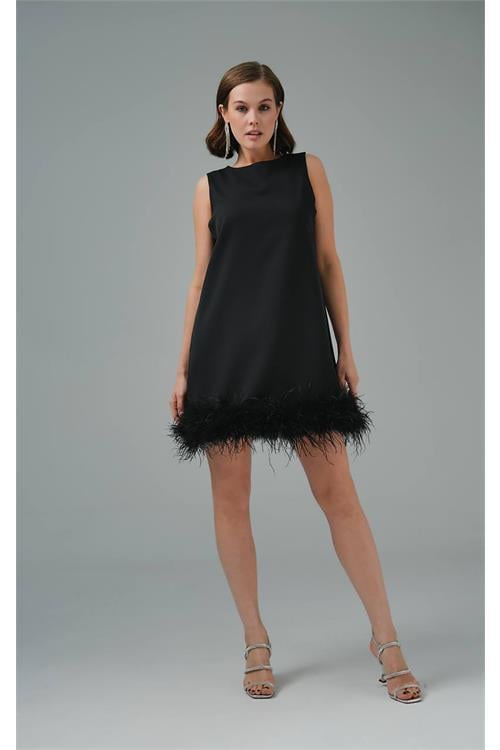 Dipmoda kadın atlas kumaş tüy detaylı mini abiye NBSWLL04 