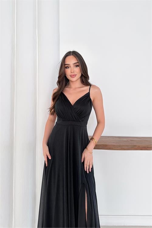 Dipmoda kadın ayarlanabilir askılı yırtmaçlı tül abiye elbise RYS9276