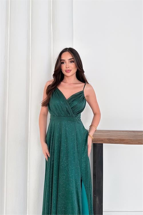 Dipmoda kadın ayarlanabilir askılı yırtmaçlı tül abiye elbise RYS9276