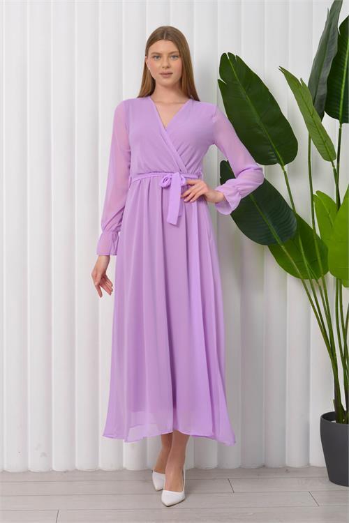 Dipmoda kadın bağlama detaylı uzun şifon elbise KTS003 - Lila 
