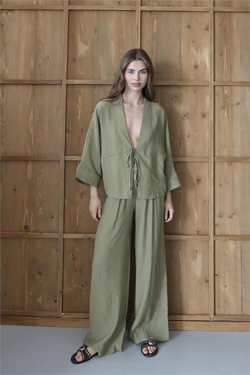 Dipmoda kadın bağlamalı bol kesim haki takım DPNP016