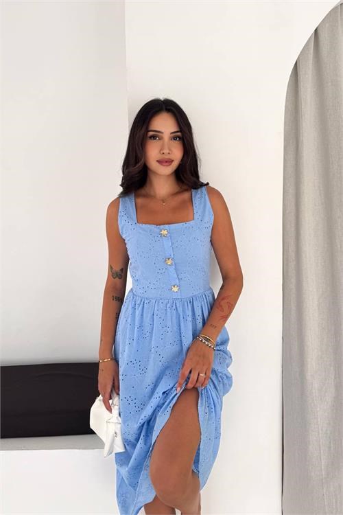 Dipmoda kadın bebe mavi fisto işlemeli düğme detaylı midi boy kare yaka elbise DPK4644