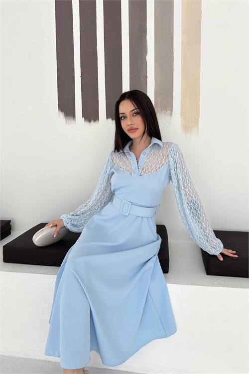 Dipmoda kadın bebe mavi gömlek yaka transparan üst detaylı kemerli midi boy elbise DPK4581