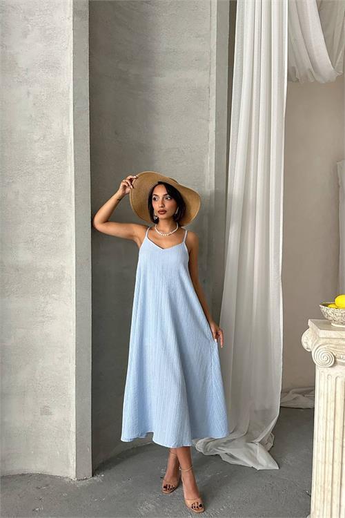Dipmoda kadın bebe mavisi ayarlanabilir askılı salaş elbise DPG090