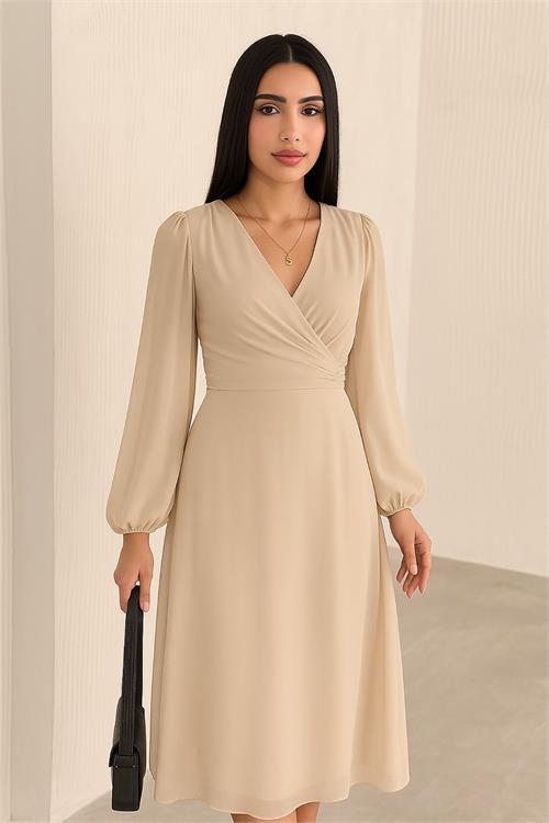 Dipmoda kadın bej astarlı şifon elbise DPK30281
