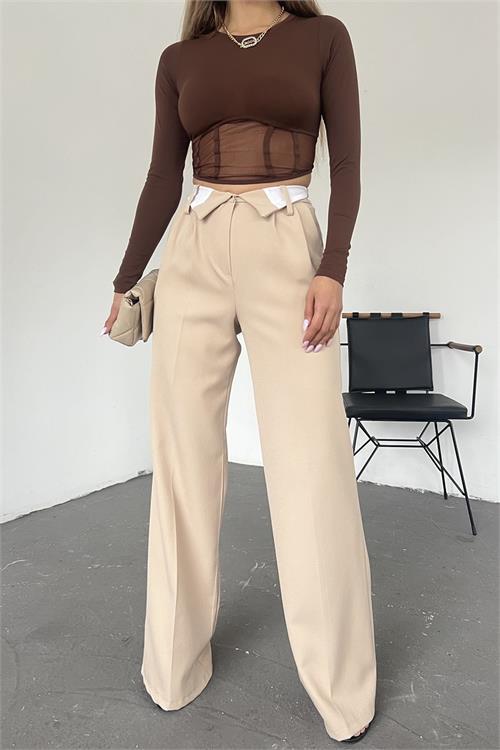 Dipmoda kadın bej bol paça palazzo kumaş pantolon QNS036 