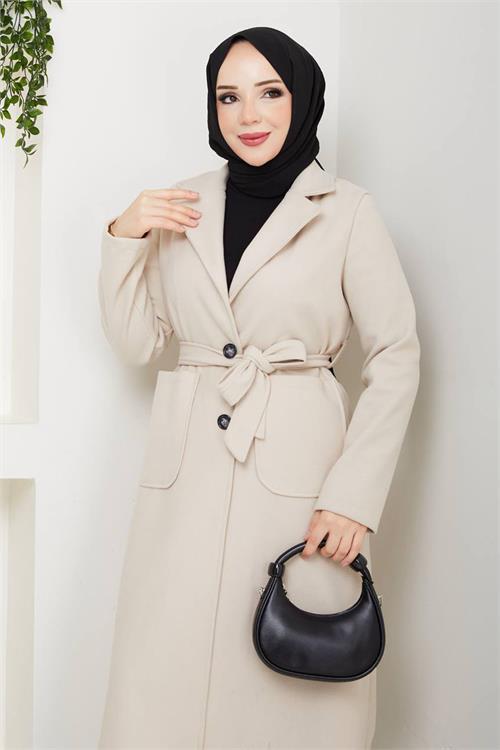 Dipmoda kadın bej kuşaklı düğmeli cepli astarsız kaşe kaban DPFT002