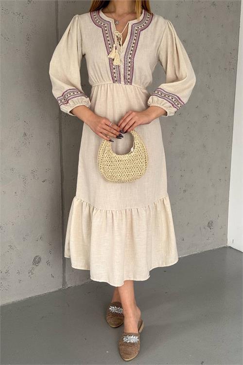 Dipmoda kadın bej nakışlı midi boy keten elbise NBK2014 